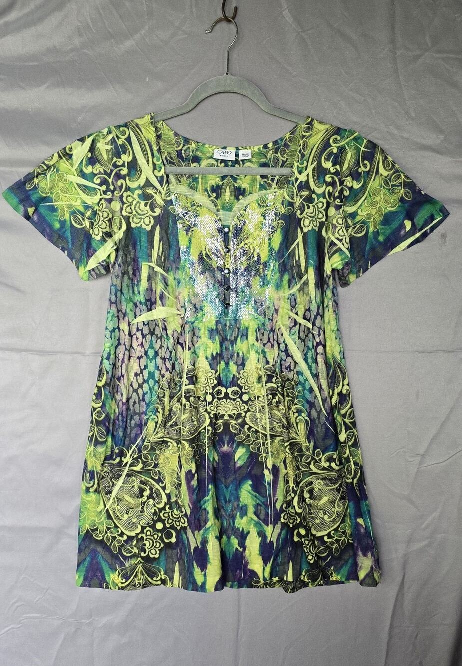 Cato Blouse Womens 14W Multicolor Paisley Sequin Henley Tunic Knit Top